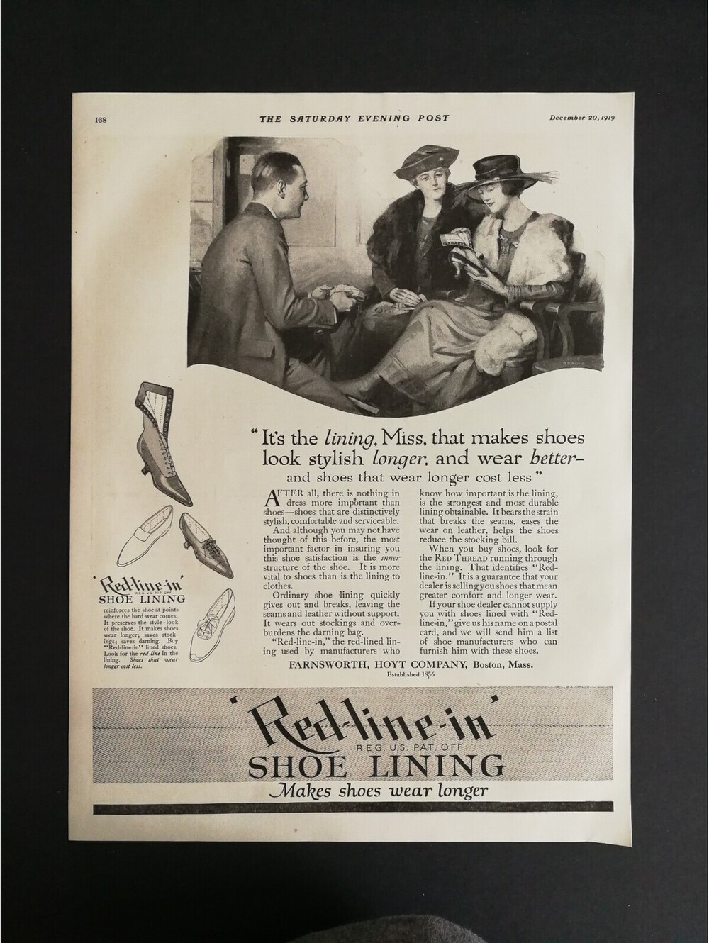 Vintage 1919 Redline Shoe Lining Full Page Print Advertisement